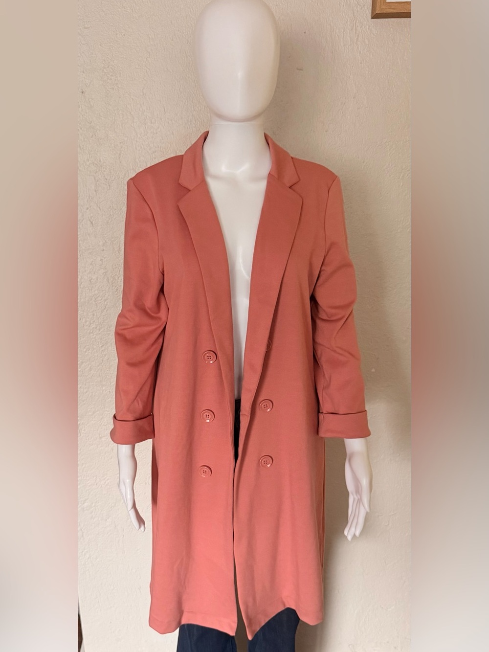 Long Double-Breasted Blazer in Coral Pink